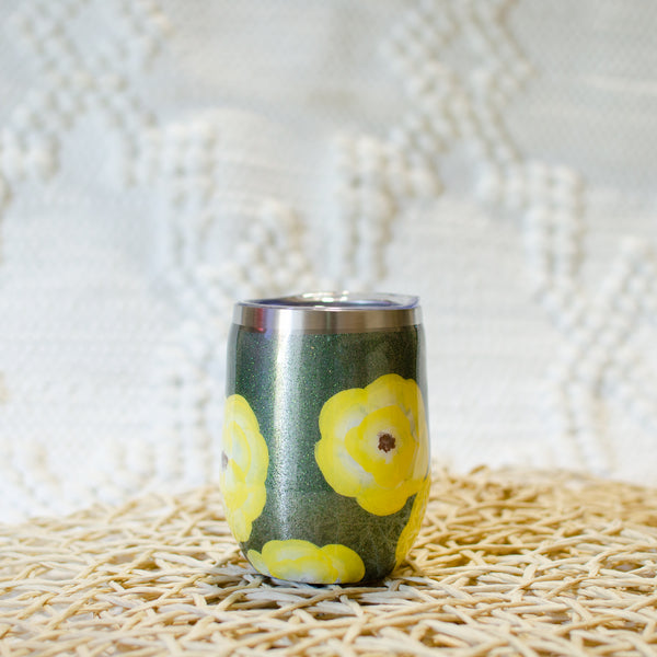 Tumbler 12oz - Yellow Flowers with Glitter